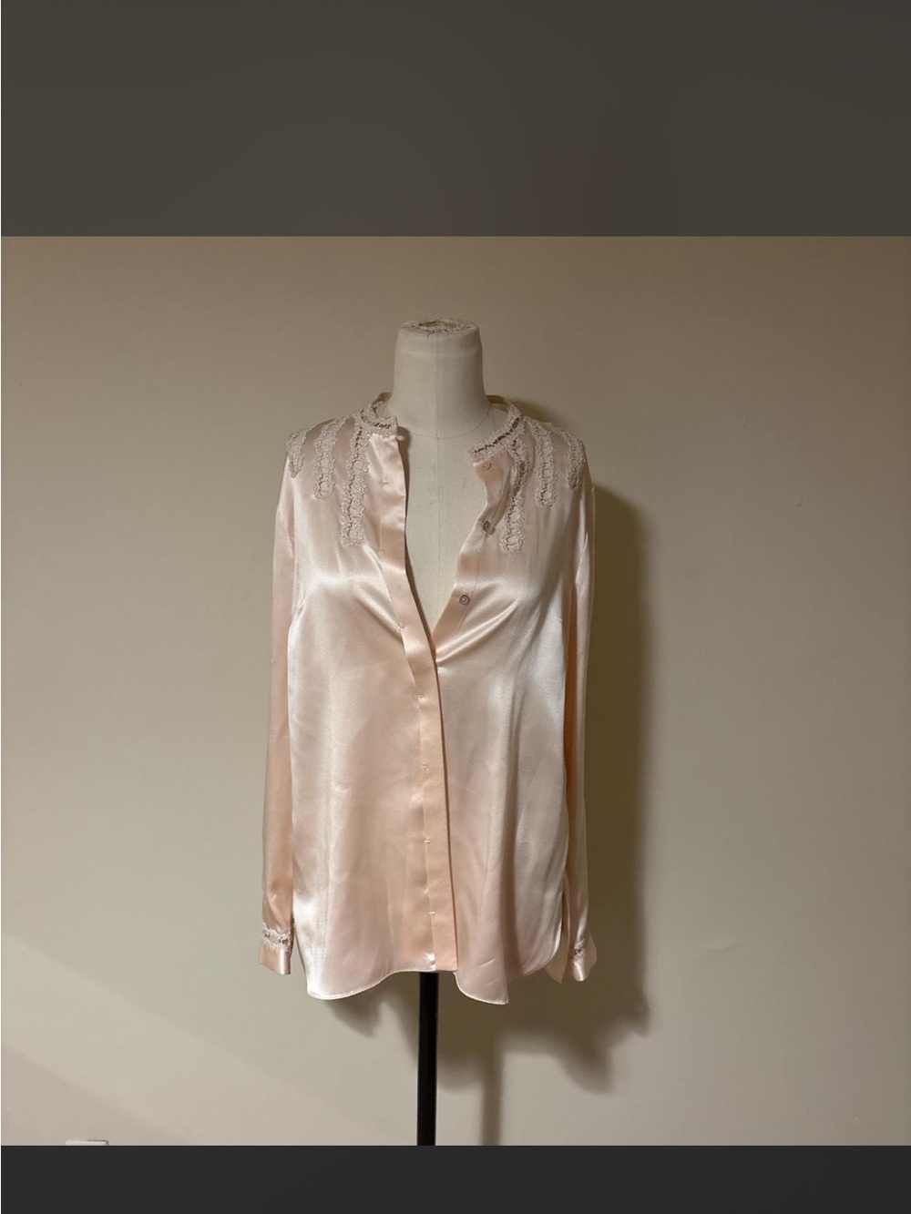 Silky Lace-Trim Pale Blush Button-Up Blouse